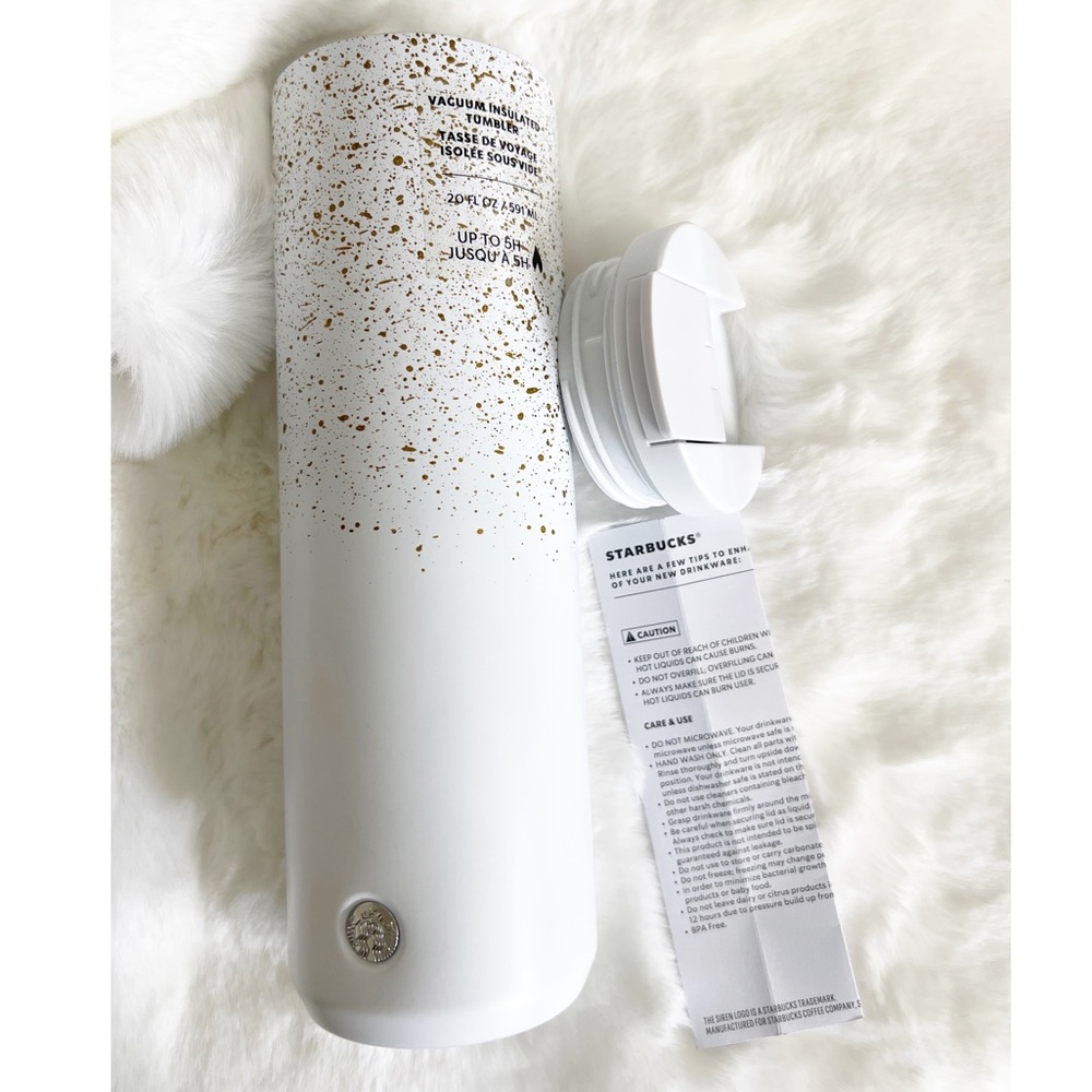 NWT Starbucks 2022 Holiday White & Gold Speckled SS Bottle Venti Tumbler 20oz